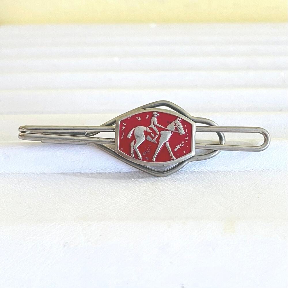 Tie Bar Clip Vtg Horse Racing Jockey Equestrian Derby Riding Enamel Clasp